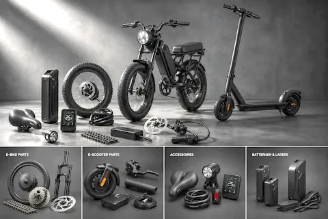 Photo studio sombre avec un fatbike, une trottinette électrique et des pièces détachées comme une batterie, une roue, un écran et un disque de frein