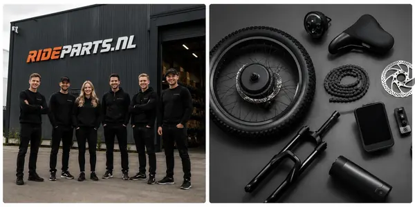 L'équipe RideParts de six collaborateurs devant l'entrepôt RIDEPARTS.NL