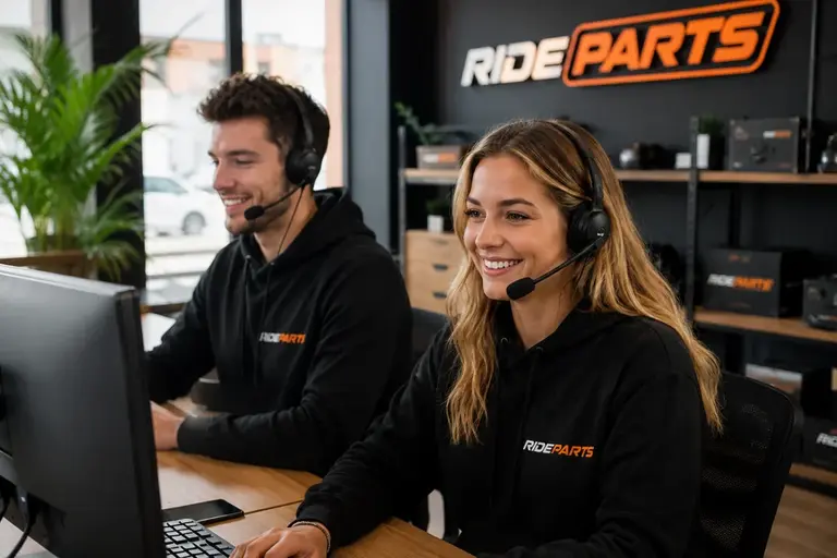 Deux employés RideParts avec casque au service des clients